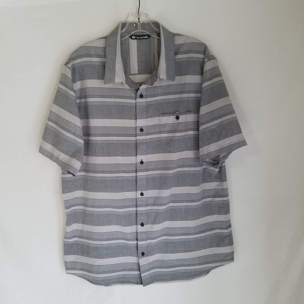 Travis Mathew Gray Striped Button Front Shirt Short Sleeve Mens Size XL